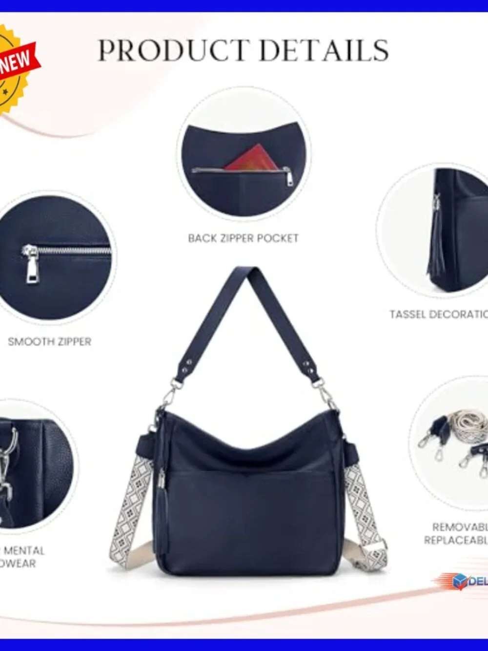 Genuine Leather Hobo Crossbody Bag with Adjustable Straps, Large Size